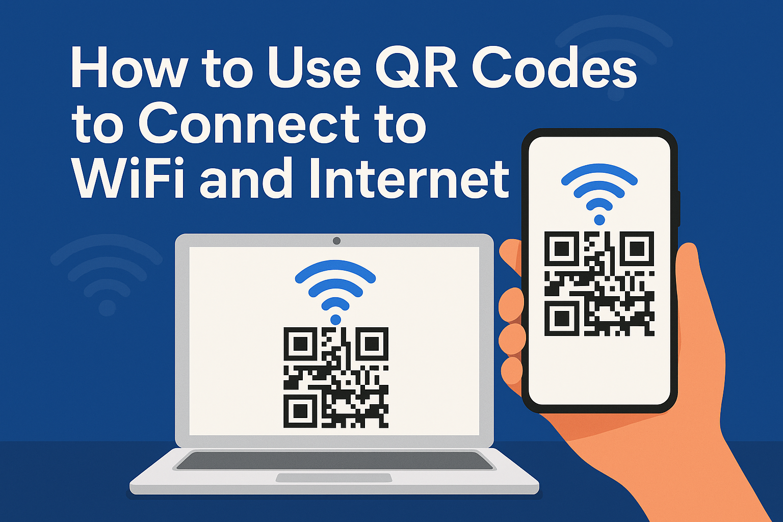 Illustration showing how to use a QR code to connect to WiFi or internet on a smartphone and laptop.